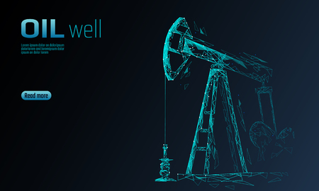 Oil well rig juck low poly business concept. Finance economy polygonal petrol production. Petroleum fuel industry pumpjack derricks pumping drilling point line connection dots blue vector illustrationのイラスト素材