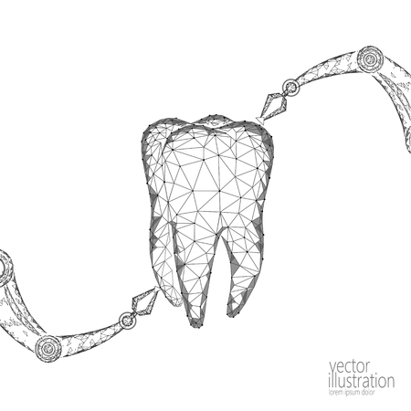 3d tooth innovation robot arm polygonal concept. Stomatology symbol low poly triangle abstract oral dental medical care business. Connected dot particle modern render white vector illustrationのイラスト素材