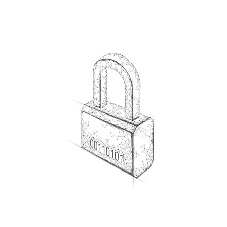 Cyber safety padlock on data mass. Internet security lock information privacy low poly polygonal future innovation technology network concept white vector illustrationのイラスト素材
