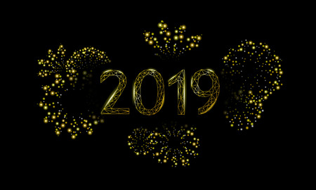 Low poly 3D fireworks holiday greeting card. Merry Christmas Happy new year gold dark night sky...