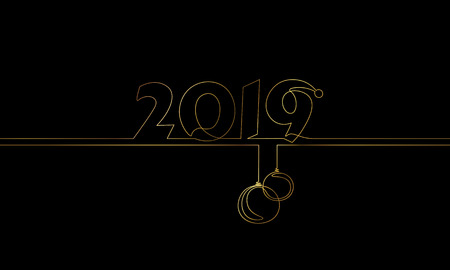 2019 New Year single continuous line art. Golden black holiday greeting card headline decoration date numbers lettering silhouette concept design one sketch outline glowing gold vector illustration artのイラスト素材