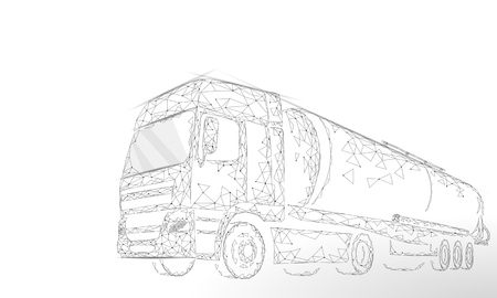 Oil truck highway cistern 3D render low poly. Fuel petroleum finance industry diesel tank. Cylinder vehicle big cargo gasoline logistic economical business polygonal line vector illustration artのイラスト素材