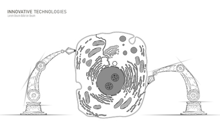 Artificial cell synthesys gene therapy DNA 3D chemical. Animal cell biochemistry engineering research concept. Biorobot robotic arm industry vector illustration future business technology artのイラスト素材