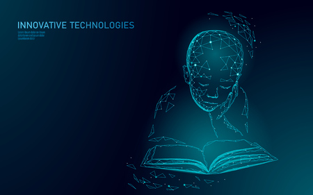 Machine learning 3D low poly technology business concept. Neural network artificial intelligence cyborg child boy shape. Polygonal training data mining system analytics vector illustration artのイラスト素材