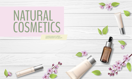 Spring sale cherry blossom organic cosmetic ad template. Skincare essence pink spring promo offer flower 3D realistic mockup. Sakura wooden plank background flat lay silver vector illustration artのイラスト素材