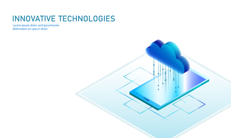 Cloud computing online storage isometric smartphone. Big data information future modern internet business technology. Blue glowing global file exchange available background vector illustration artのイラスト素材