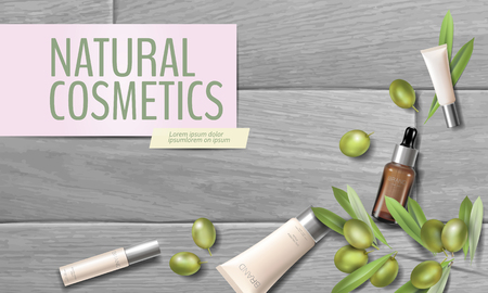 Realistic organic olive oil cosmetics ad. Natural essence farm plant leaves green olive fruits mesh 3D wooden plank promotional poster template. Web banner woman glass cream vector illustration artのイラスト素材