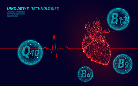Healthy heart beats 3d medicine model low poly. Triangle connected dots glow point red background. Vitamin supplement Q10 B12 modern innovative technology render vector illustrationのイラスト素材