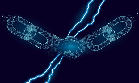 Blockchain technology broken agreement handshake business concept low poly. Polygonal point line geometric design. Failed hands chain hyperlink connection blue vector illustrationのイラスト素材