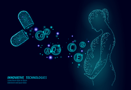 Dietary supplement vitamin pregnancy capsule. Maternity health care drug medicine science chemistry innovation technology polygonal 3D render. Woman belly silhouette vector illustrationのイラスト素材