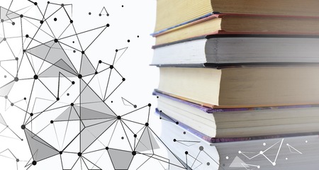 Stack of multicolored books. Old textbooks stacked on each other. Online education technology concept. E-learning training skill courses. Geometric polygonal data information banner templateの写真素材