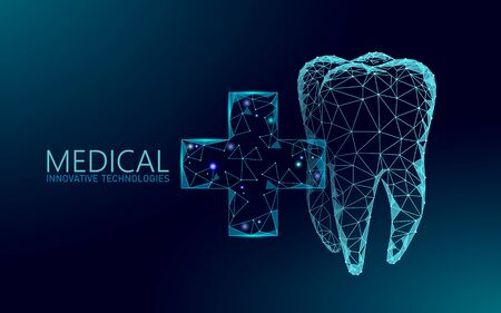 Medical cross healthy human tooth 3d. Medicine model low poly. Doctor online concept. Medical consultation app. Web healthcare dentist stomatologist modern technology vector illustrationのイラスト素材