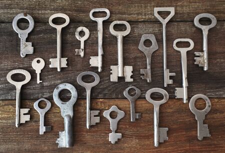 Old vintage various keys pattern. Antique metal gold bronze silver color different clue for padlock....