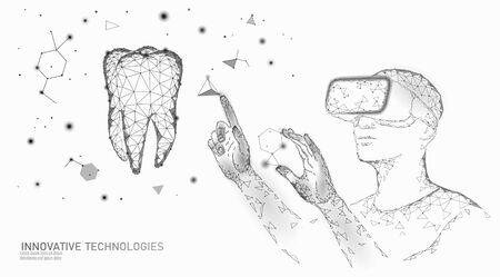 3d tooth innovation virtual reality polygonal concept. Stomatology symbol low poly triangle. Abstract oral dental medical care business. Connected dot particle modern vector illustrationのイラスト素材