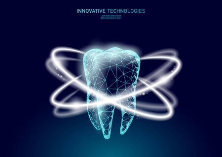 Low poly tooth protection medical concept. Whitening toothpaste enamel reconstruction healthcare. Polygonal healthy dentistry procedure glowing circle around tooth vector illustrationのイラスト素材