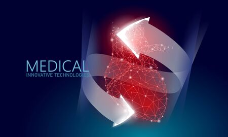 Total healthy heart beats 3d medicine low poly concept. Triangle red pharmacy drugstore background. Glowing arrows modern innovative technology heart recovery reconstruction vector illustrationのイラスト素材