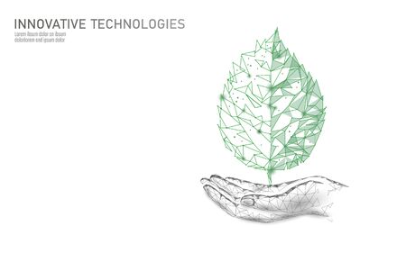 Hand holding green plant leaf ecological abstract concept. Save planet nature environment banner. Eco polygon triangles low poly vector illustrationのイラスト素材