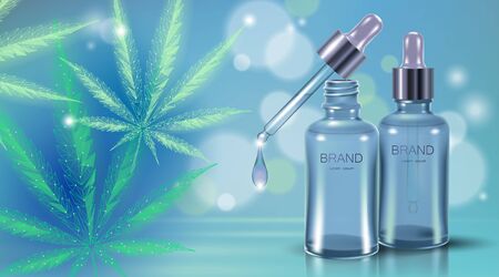 Low poly 3D medical marijuana oil leaf. Legalize medical pain treatment concept. Cannabis weed medicine glass bottle symbol. Pipette transparent realistic prescription vector illustrationのイラスト素材