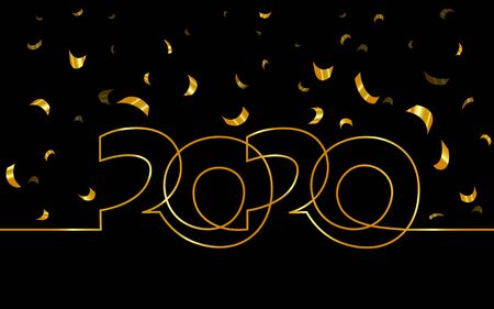 2020 New Year single continuous line art. Golden black holiday greeting card headline decoration....