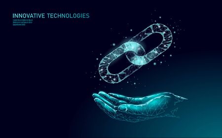 Blockchain on hand business symbol concept. Chain connection network finance information security. 3D low poly polygonal geometric design. Global technology e-commerce online vector illustrationのイラスト素材