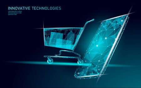 Shopping cart low poly design 3D. Online shop smartphone trade market technology. Buy now computer internet marketing payment polygonal banner template. Mobile sale vector illustration.のイラスト素材