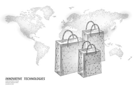 Shopping bag world map low poly design 3D. Online shop worldwide delivery sale vector illustration.のイラスト素材