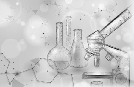 Low poly science chemical glass flasks. Scientific equipment polygonal triangle blue glowing design. Future technology microscope research. Medicine analysis concept vector illustration.のイラスト素材