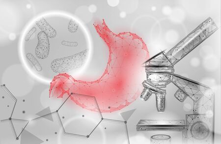 Human stomach microscope 3D low poly render probiotics. Healthy normal digestion flora of human intestine yoghurt production. Modern science medicine allergy immunity thearment vector illustrationのイラスト素材