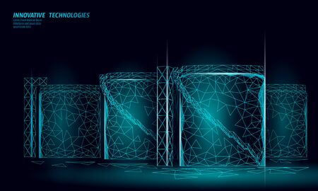 Oil tank fuel container. Gasoline refinery plant industry tower. Power energy technology 3D low poly business concept. Chemical petrol production complex design vector illustration.のイラスト素材