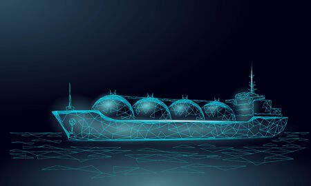 Tanker ship liquified gas transportation symbol. 3D low poly industrial oil refinery technology. Delivery petrol fuel cargo. Ocean LPG tank propane vector illustrationのイラスト素材