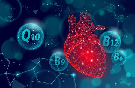 Healthy human heart 3d vitamin low poly. Medicine care protection drug pharmacy banner background. Nutrition supplement Q10 B12 vector illustrationのイラスト素材