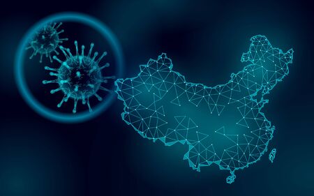China Republic country 3D map. Infection pneumonia prevention healthcare. 3D low poly. International design PRC blue dark glowing silhouette. Against virus epidemic vector illustrationのイラスト素材