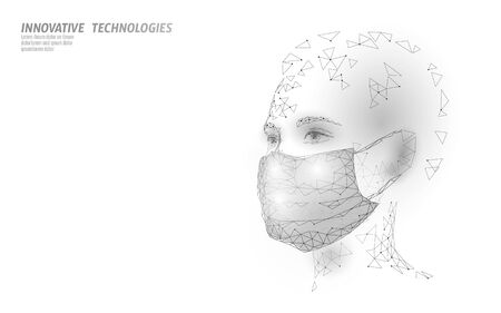 Woman face mask. Infection pneumonia prevention healthcare. 3D low poly female human white banner. Wear surgical medical mask against virus epidemic vector illustrationのイラスト素材
