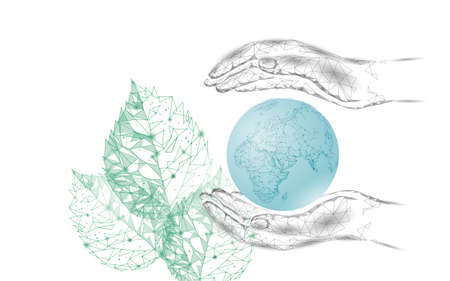 Plant tree ecological abstract concept. 3D render seedling leaves. Save planet Earth hands nature environment grow life eco polygon triangles low poly vector illustrationのイラスト素材