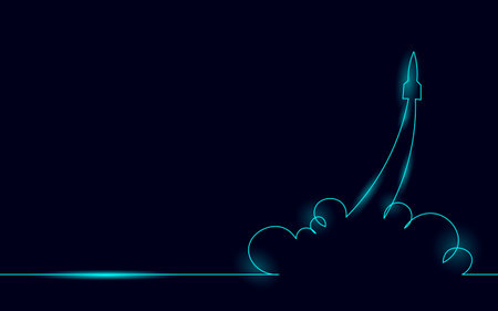 Continuous rocket one line silhouette. Hand drawing sketch spaceship creative idea concept. Dark neon glowing launch shuttle technology vector illustrationのイラスト素材