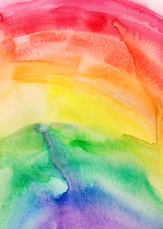 Watercolor rainbow sky background. Texture brush paint drawing. Artistic colorful vibrant fabric design. Kids textile happiness concept bright color illustrationの写真素材