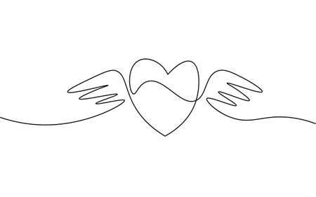 Heart with wings single continuous line art. Romantic love date relationship couple silhouette concept design one sketch outline drawing white vector illustrationのイラスト素材