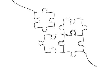 Single continuous line art puzzle game. Team work problem solution concept. Design one stroke sketch outline drawing vector illustration artのイラスト素材
