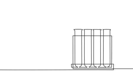 Single continuous line art chemical flasks. Science laboratory analysis student work concept design. School chemistry education sketch outline drawing vector illustrationのイラスト素材
