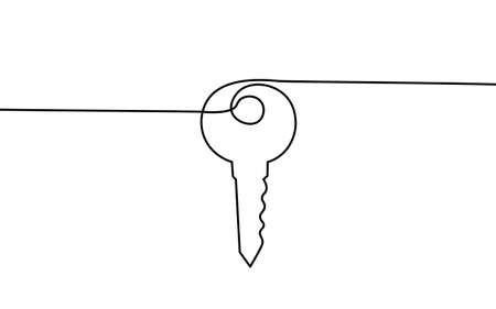 One line seller house door keys. Building quarter residential complex. Hand drawn sketch continuous line. Sell own family customer life business concept vector illustrationのイラスト素材