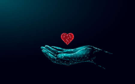 Fundraising giving heart symbol money hand. Charity volunteer giving donate social project. Finance funding dark low poly vector illustrationのイラスト素材