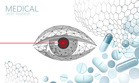Dietary supplement vitamin vision capsule. Eye clear health care drug medicine science chemistry innovation technology polygonal 3D render. Woman eye isolated banner template vector illustrationのイラスト素材