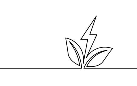 Continuous line art green energy concept. Sustainable power storage electric rechargeable supply. Charging battery eco global planet solution. Hand drawing sketch vector illustrationのイラスト素材