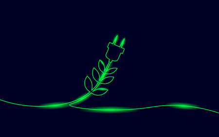 Continuous line art green neon energy plug concept. Sustainable power storage electric rechargeable...