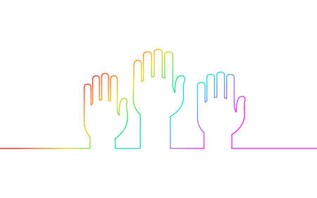 Voting hands raising to sky. One continuous line art vote online. Election day volunteer diversity different rainbow. Hand drawing sketch people vector illustrationのイラスト素材