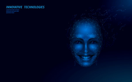Virtual assistant voice recognition service technology. AI artificial intelligence robot support. Chatbot beautiful female face low poly vector illustrationのイラスト素材