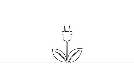 Continuous line art green neon energy plug concept. Sustainable power storage electric rechargeable supply. Charging battery eco global planet solution. Hand drawing sketch vector illustrationのイラスト素材