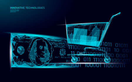 Shopping cart low poly design 3D. Online shop trade market technology. Buy now template. Mobile sale vector illustrationのイラスト素材