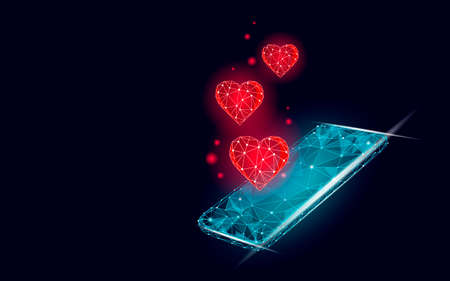 Internet dating app concept. 3D low poly smartphone romantic relationship symbol heart. Social media love date find couple service. Website romantic message vector illustrationのイラスト素材
