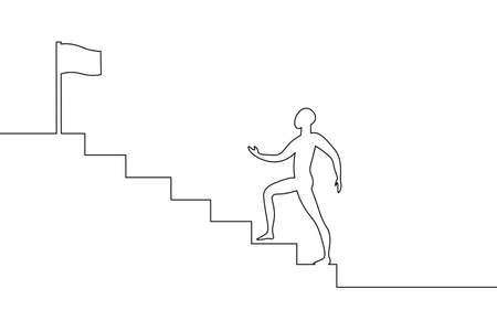 One line art man step up stairs. Road to success teamwork career progress. Continuous line job aim leader challenge concept vector illustrationのイラスト素材
